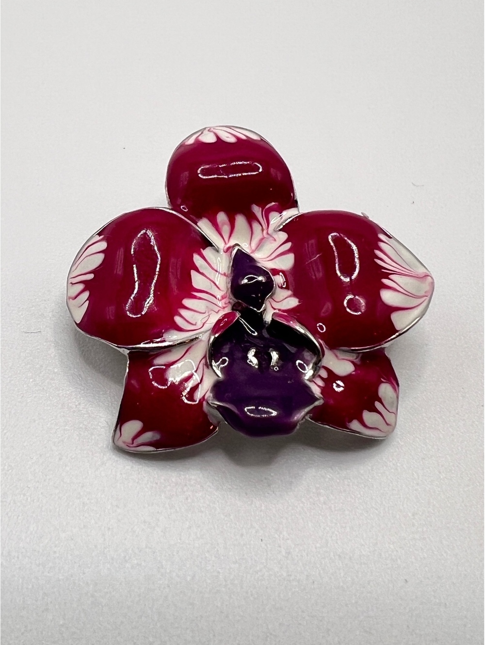 Vintage Pink Purple Enamel Orchid Flower Brooch Silver Tone Pin